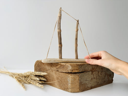 Baltic Driftwood Sailboat – Wooden Ship Sculpture No.1
