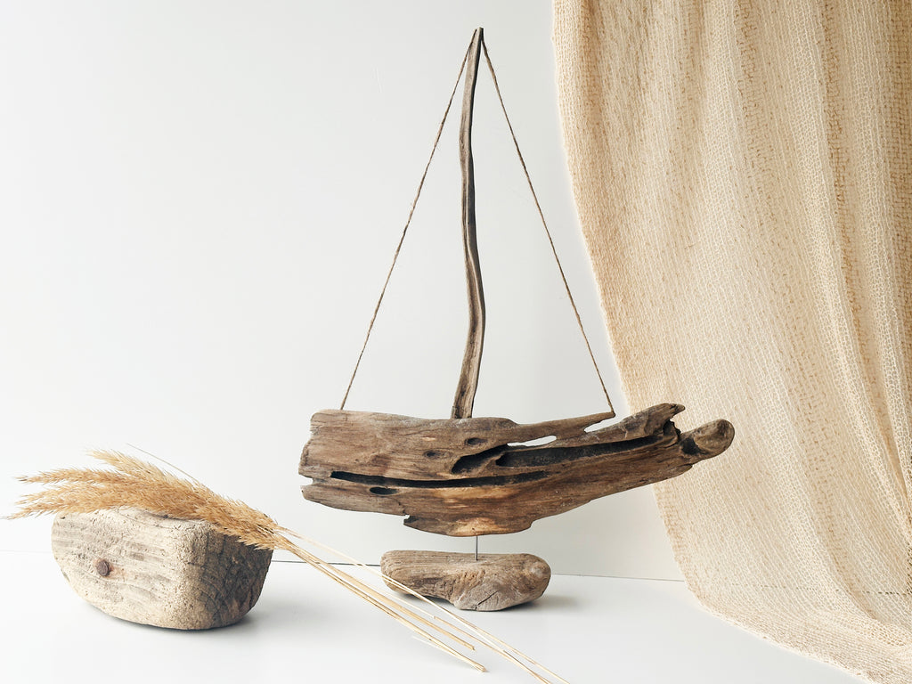 Baltic Driftwood Sailboat – Wooden Ship Sculpture No.29