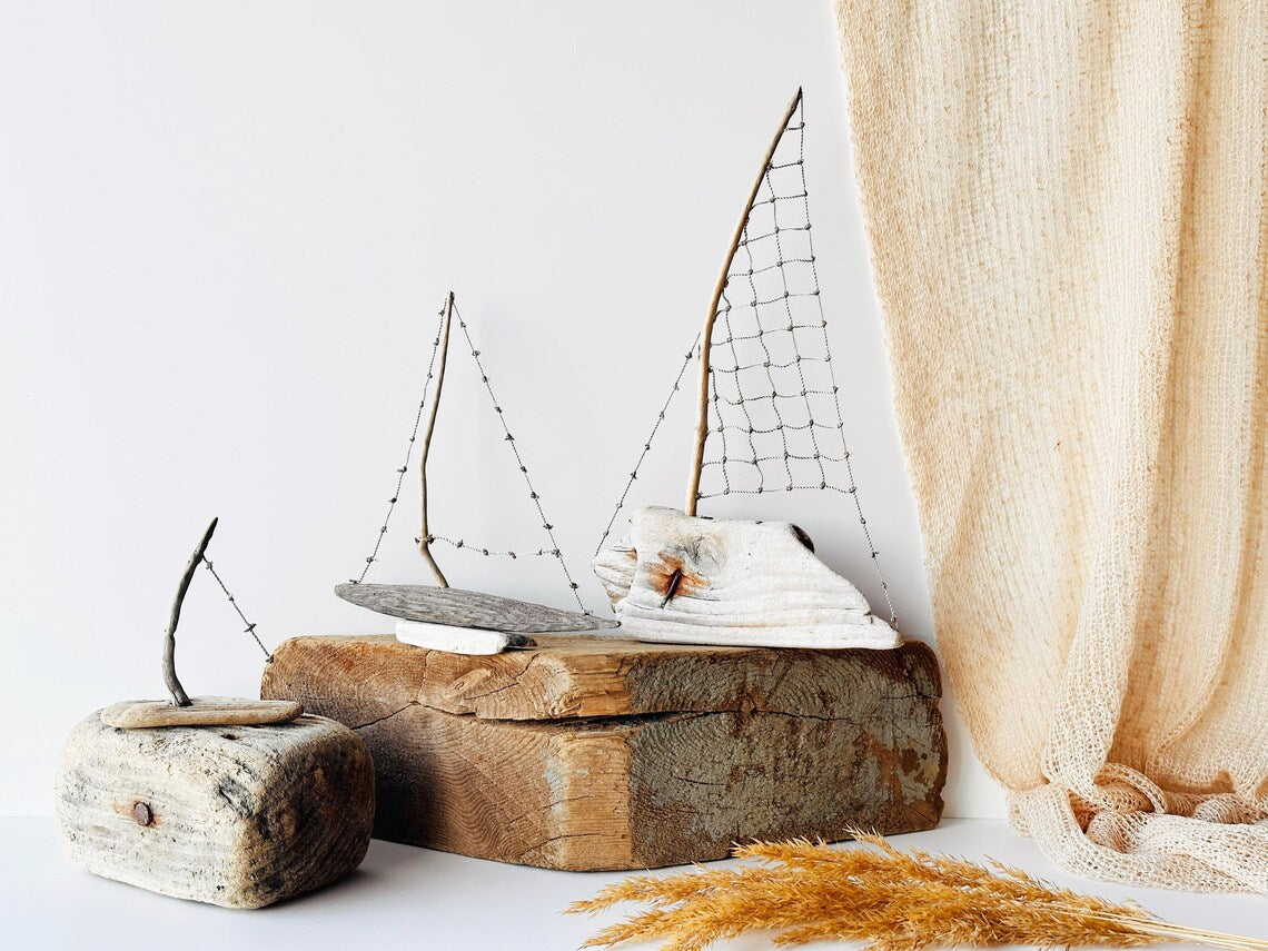 Baltic Driftwood Sailboat – Wooden Ship Sculpture No.34