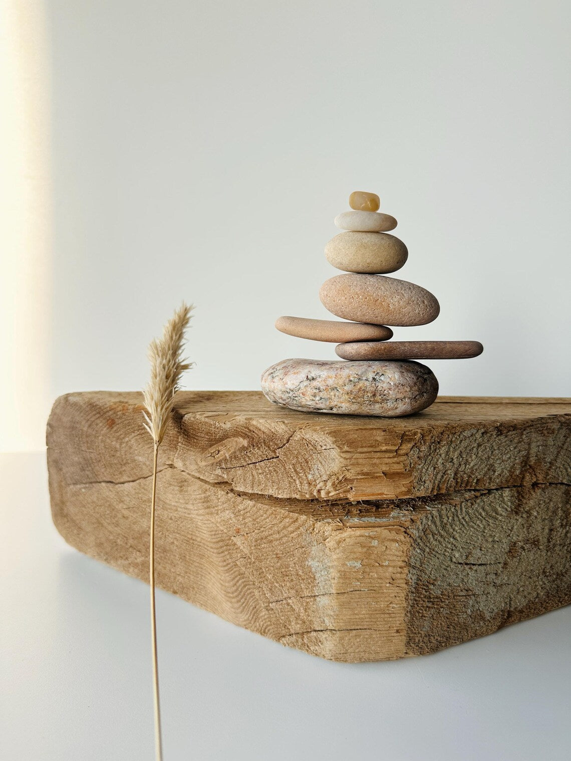 Baltic Sea Japandi Zen Balance Stones – 7-Stone Wabi Sabi Sculpture for Desk, Shelf & Meditation Decor