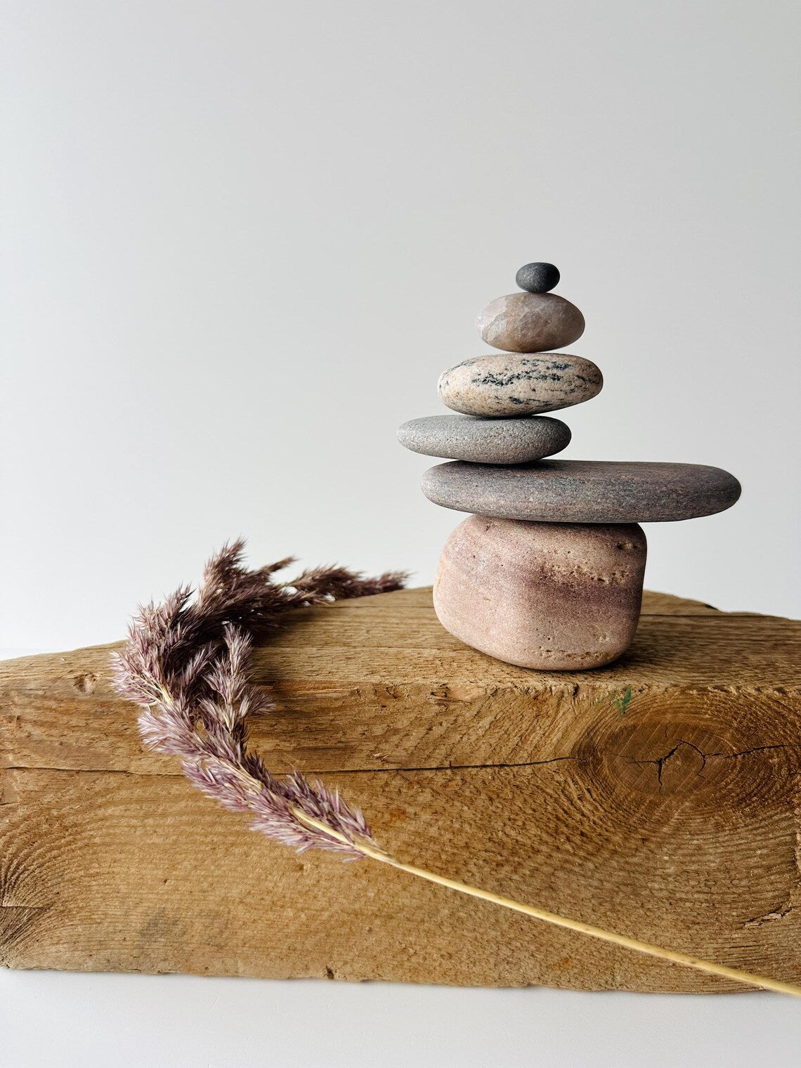 Baltic Sea Zen Garden Stone Cairn – 6-Stone Wabi Sabi Sculpture for Office Desk & Boho Shelf Decor