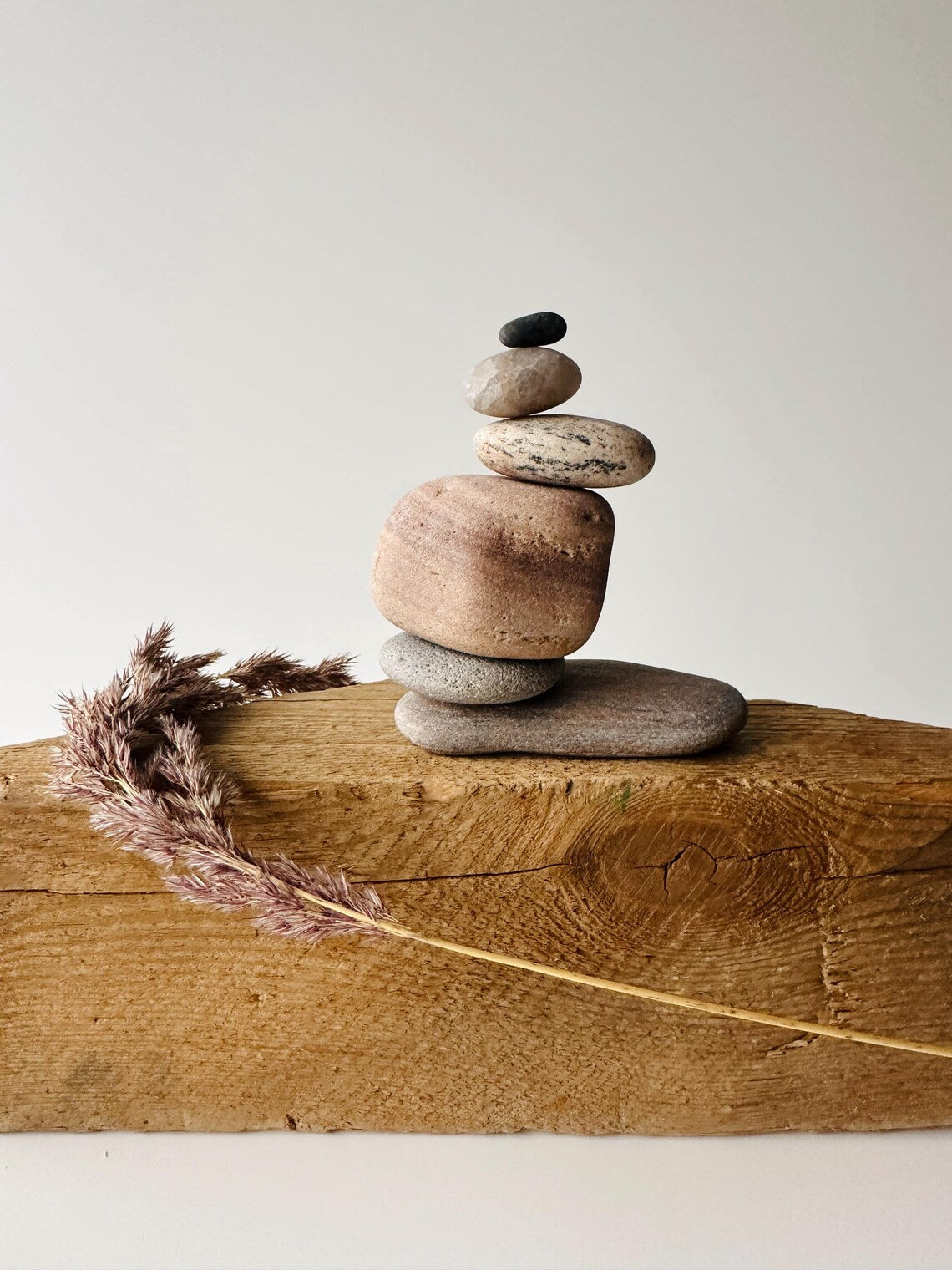 Baltic Sea Zen Garden Stone Cairn – 6-Stone Wabi Sabi Sculpture for Office Desk & Boho Shelf Decor