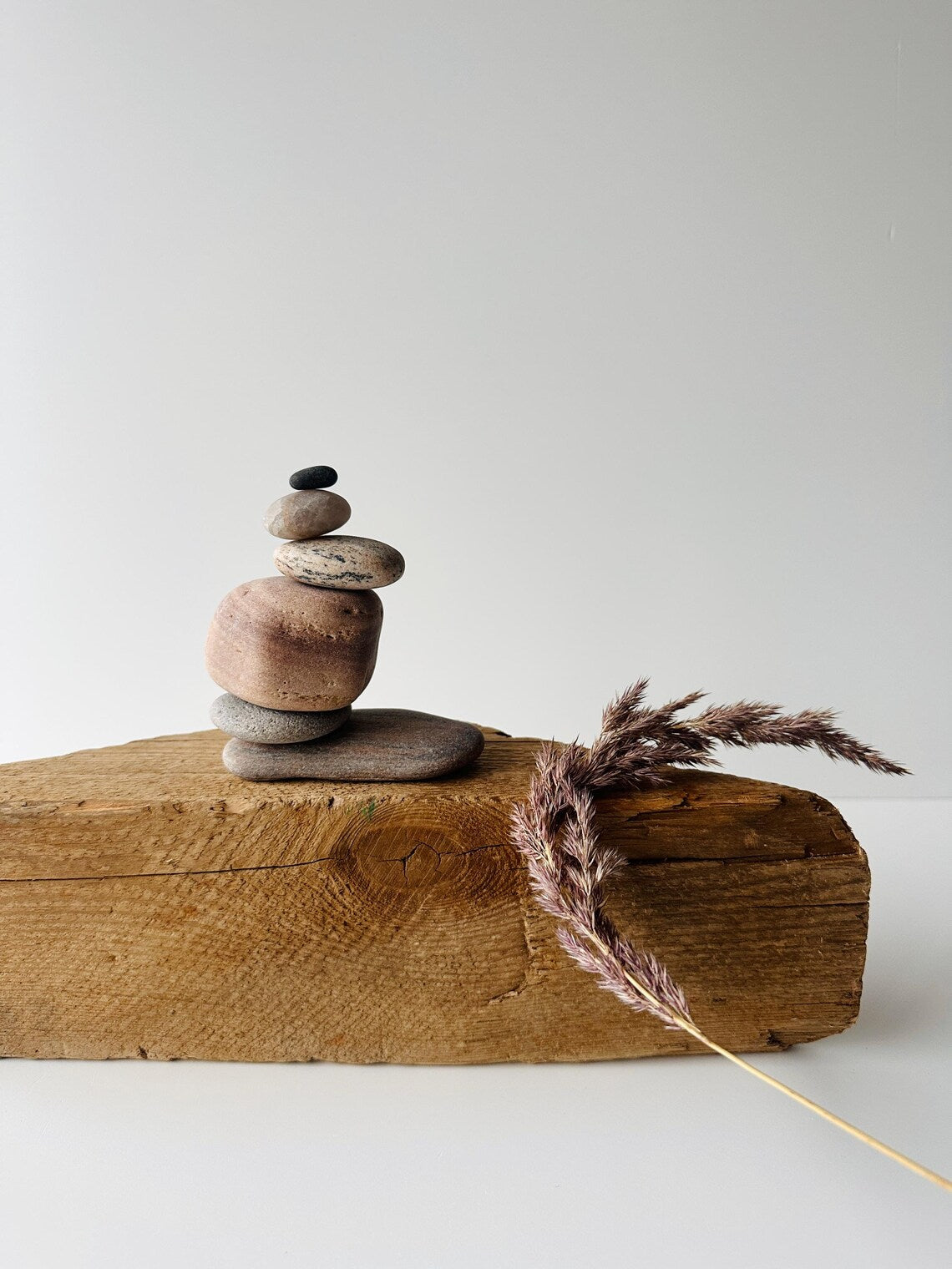 Baltic Sea Zen Garden Stone Cairn – 6-Stone Wabi Sabi Sculpture for Office Desk & Boho Shelf Decor
