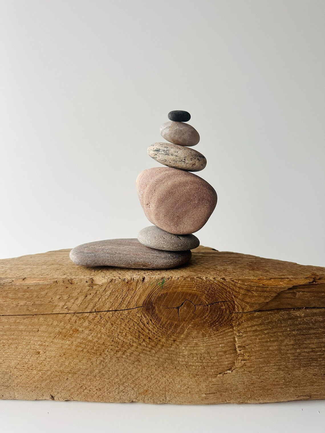 Baltic Sea Zen Garden Stone Cairn – 6-Stone Wabi Sabi Sculpture for Office Desk & Boho Shelf Decor