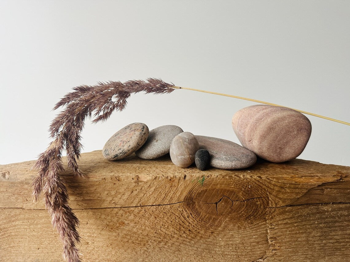 Baltic Sea Zen Garden Stone Cairn – 6-Stone Wabi Sabi Sculpture for Office Desk & Boho Shelf Decor