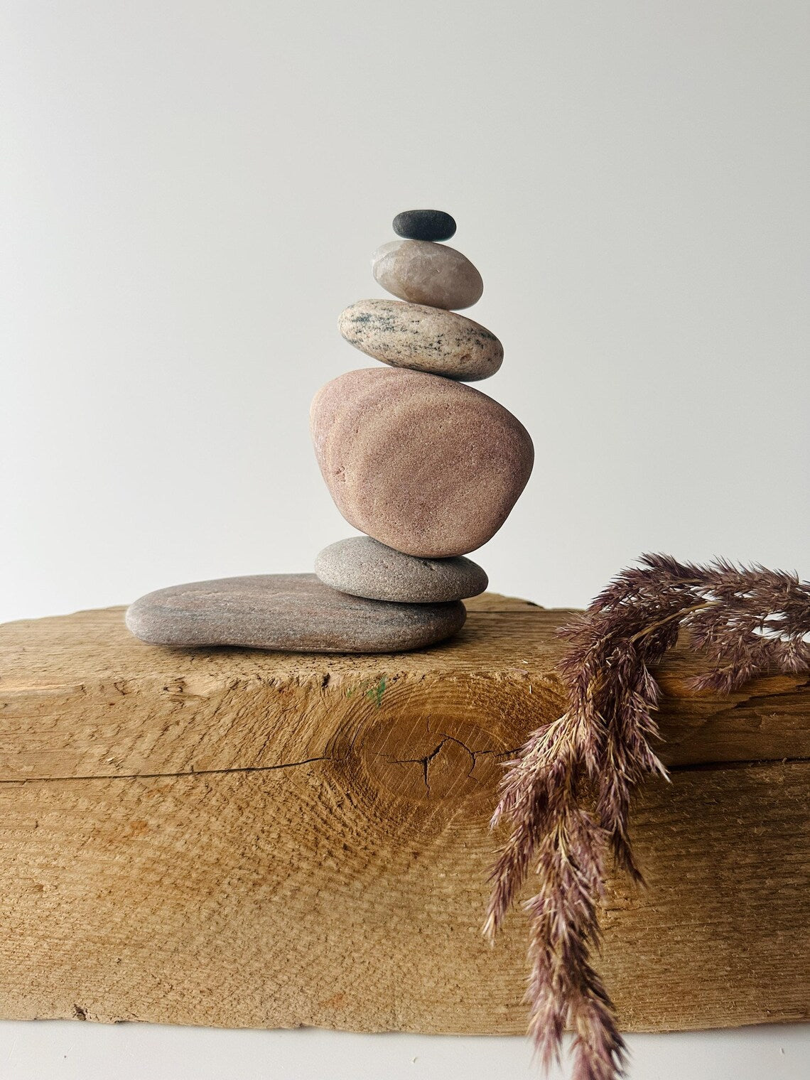 Baltic Sea Zen Garden Stone Cairn – 6-Stone Wabi Sabi Sculpture for Office Desk & Boho Shelf Decor