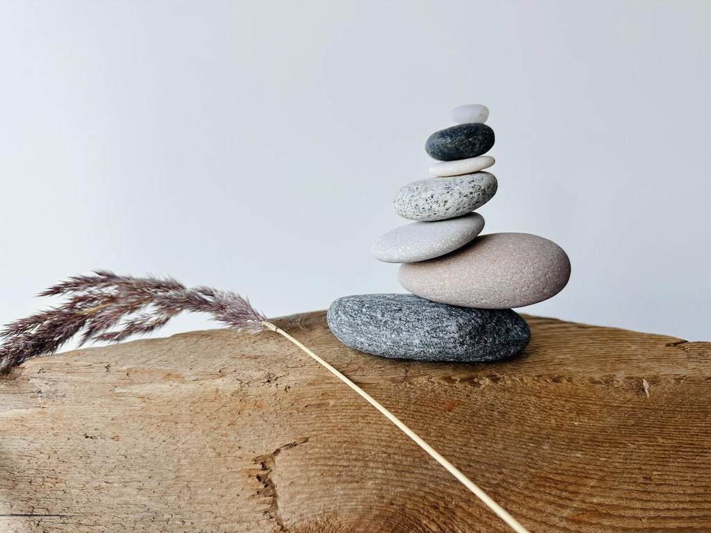 Baltic Sea Zen Balancing Stones – 7-Stone Wabi Sabi Sculpture for Desk, Shelf & Nightstand Decor