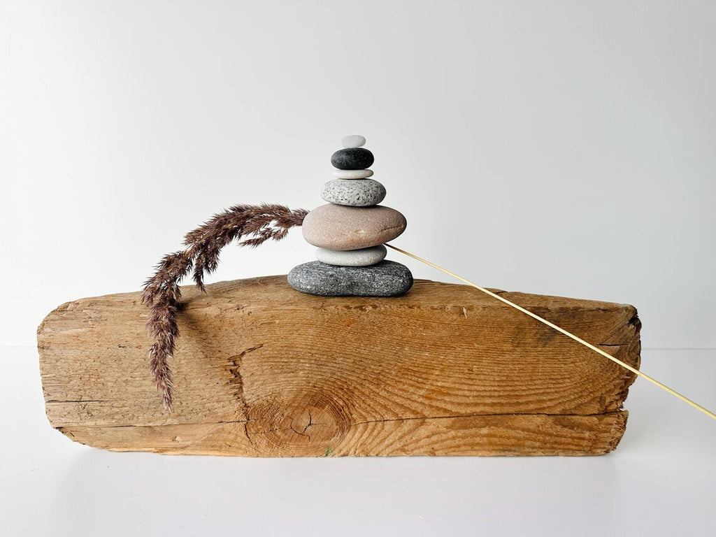 Baltic Sea Zen Balancing Stones – 7-Stone Wabi Sabi Sculpture for Desk, Shelf & Nightstand Decor