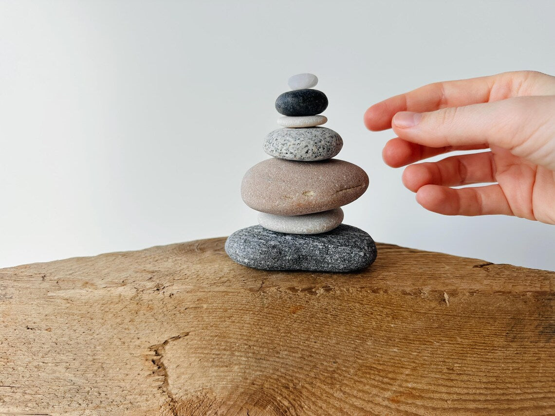 Baltic Sea Zen Balancing Stones – 7-Stone Wabi Sabi Sculpture for Desk, Shelf & Nightstand Decor