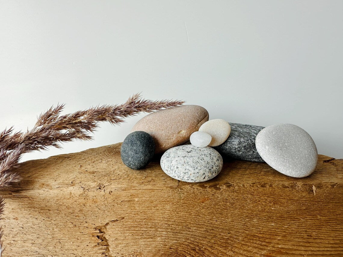 Baltic Sea Zen Balancing Stones – 7-Stone Wabi Sabi Sculpture for Desk, Shelf & Nightstand Decor