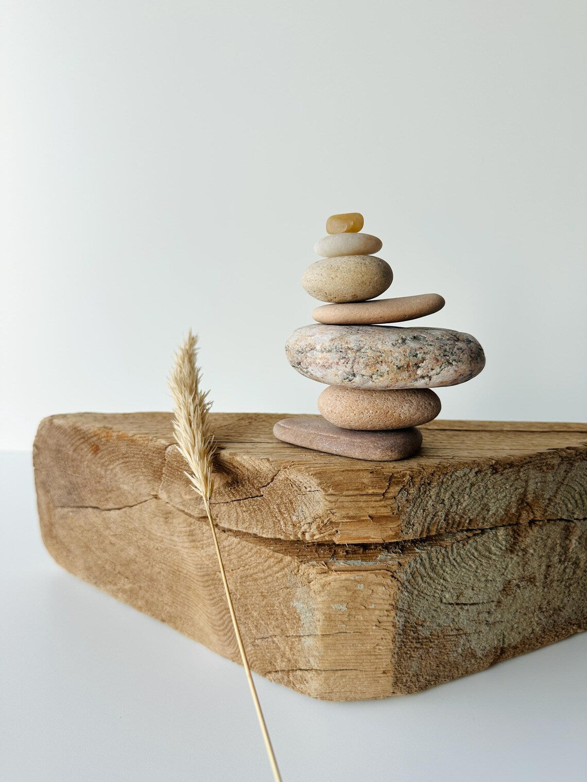 Baltic Sea Japandi Zen Balance Stones – 7-Stone Wabi Sabi Sculpture for Desk, Shelf & Meditation Decor