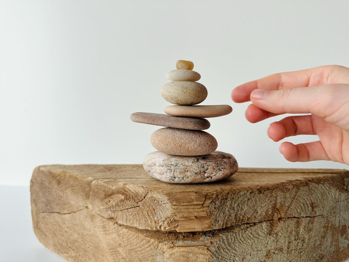 Baltic Sea Japandi Zen Balance Stones – 7-Stone Wabi Sabi Sculpture for Desk, Shelf & Meditation Decor