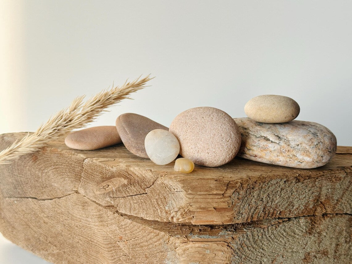 Baltic Sea Japandi Zen Balance Stones – 7-Stone Wabi Sabi Sculpture for Desk, Shelf & Meditation Decor