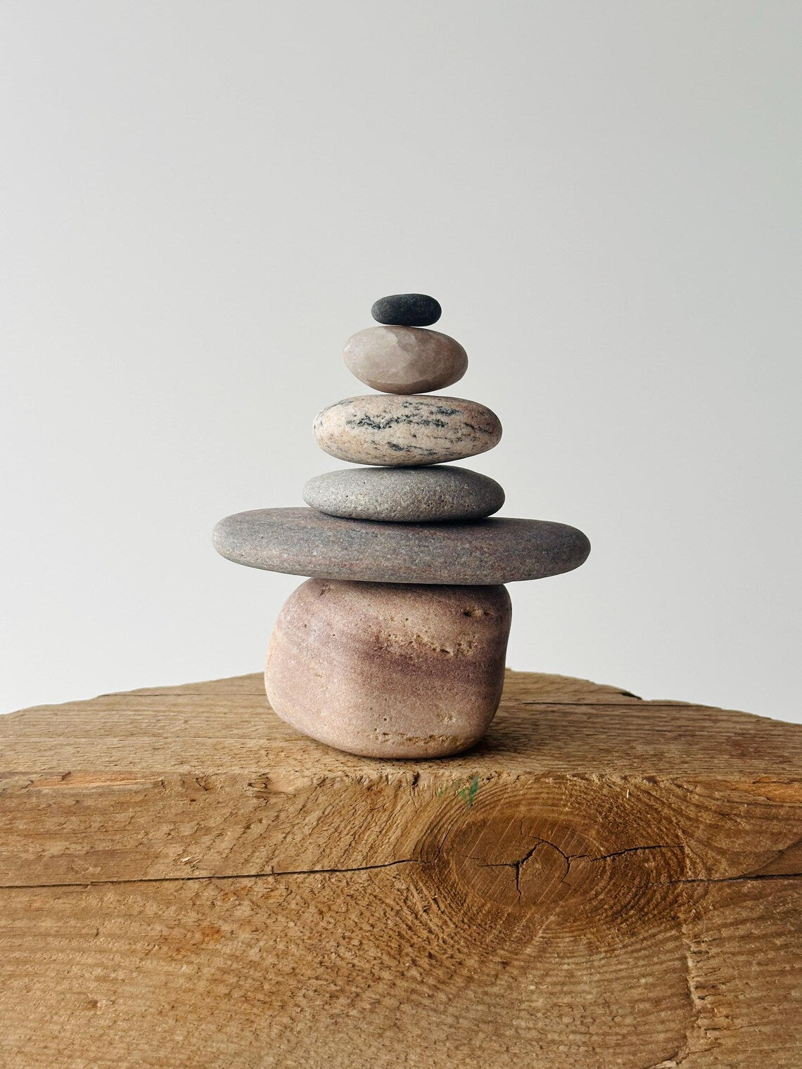 Baltic Sea Zen Garden Stone Cairn – 6-Stone Wabi Sabi Sculpture for Office Desk & Boho Shelf Decor