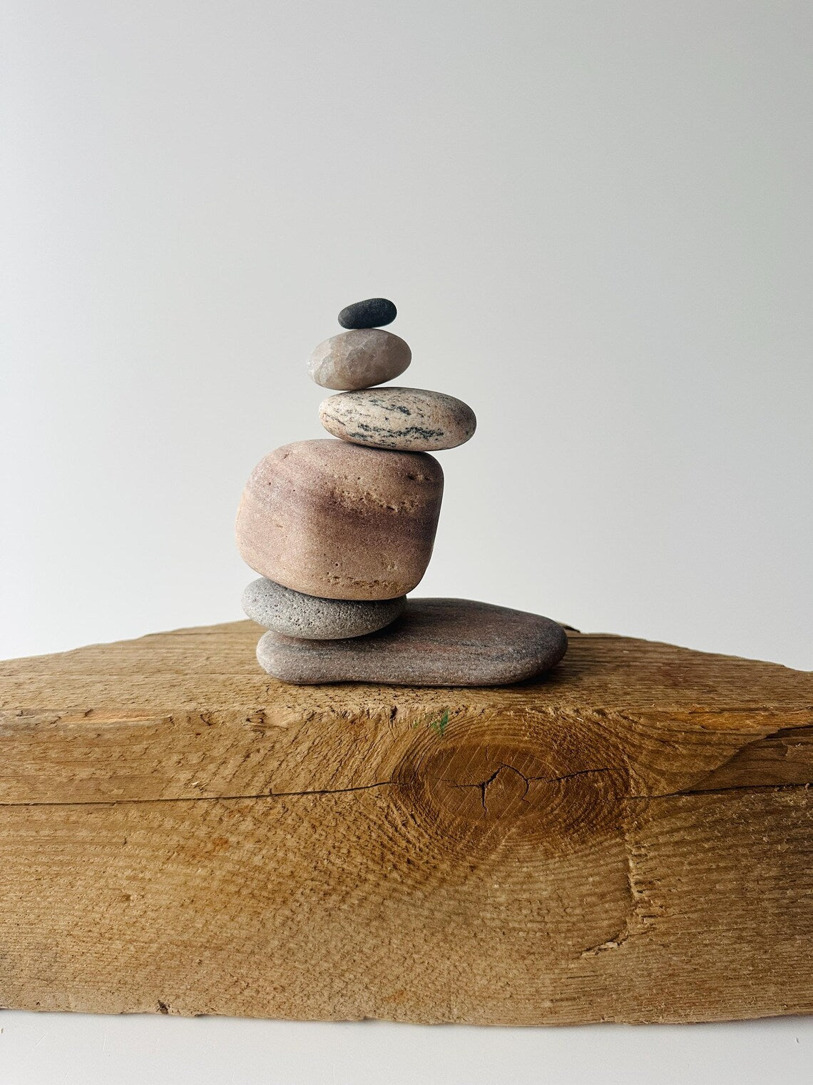 Baltic Sea Zen Garden Stone Cairn – 6-Stone Wabi Sabi Sculpture for Office Desk & Boho Shelf Decor