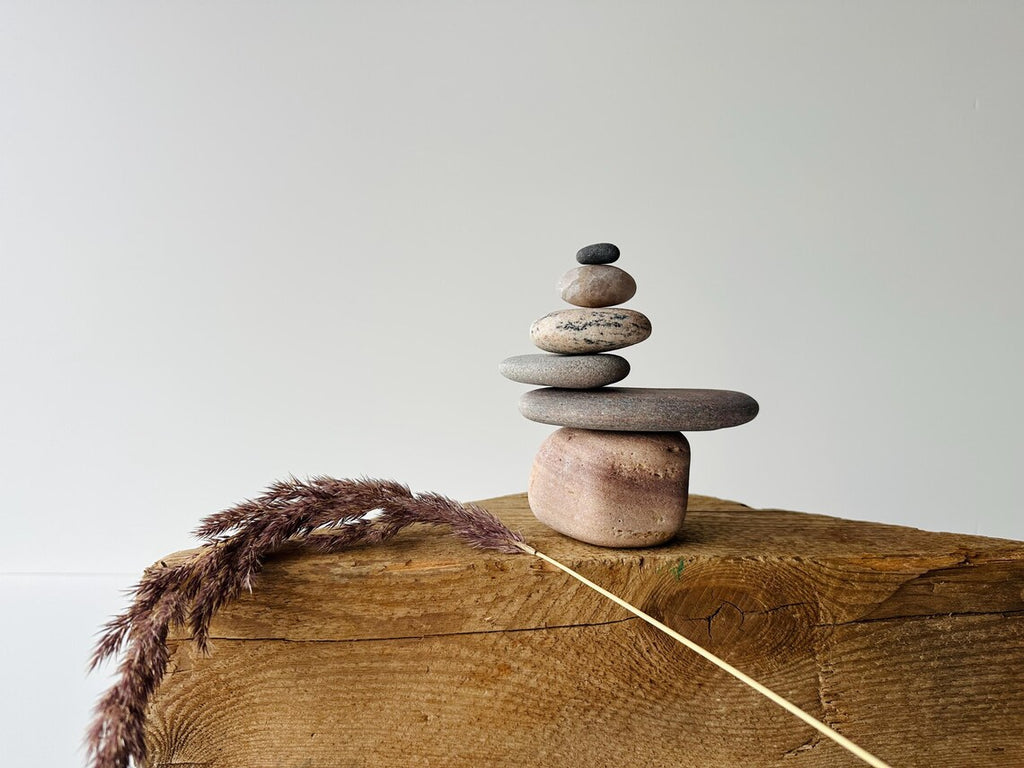 Baltic Sea Zen Garden Stone Cairn – 6-Stone Wabi Sabi Sculpture for Office Desk & Boho Shelf Decor