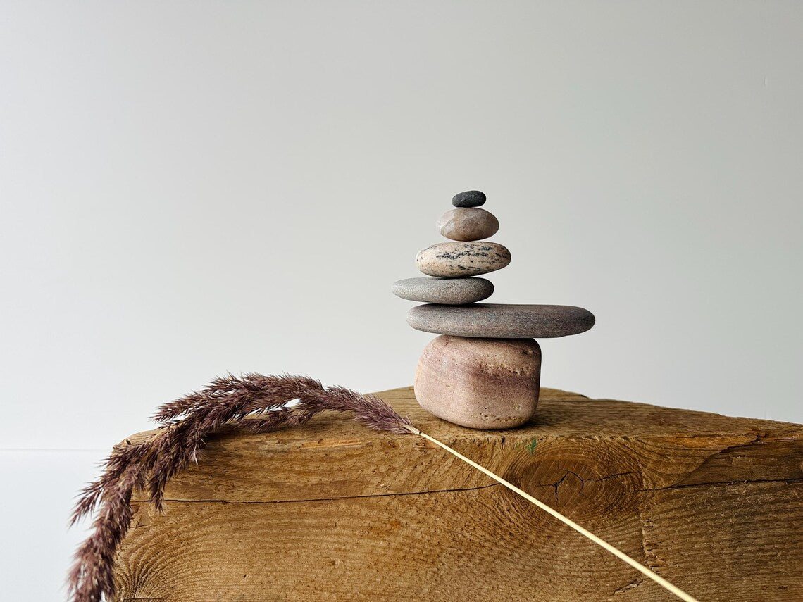 Baltic Sea Zen Garden Stone Cairn – 6-Stone Wabi Sabi Sculpture for Office Desk & Boho Shelf Decor