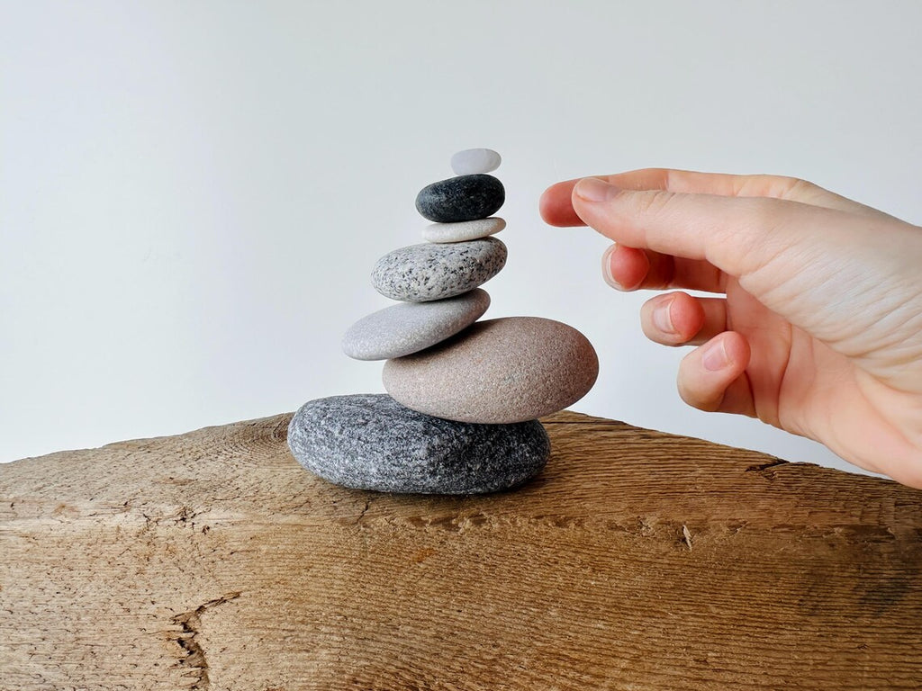 Baltic Sea Zen Balancing Stones – 7-Stone Wabi Sabi Sculpture for Desk, Shelf & Nightstand Decor