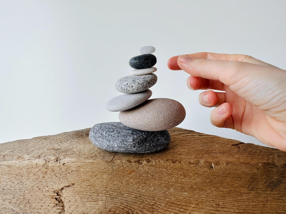 Baltic Sea Zen Balancing Stones – 7-Stone Wabi Sabi Sculpture for Desk, Shelf & Nightstand Decor
