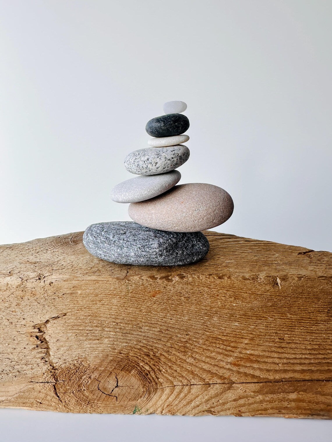 Baltic Sea Zen Balancing Stones – 7-Stone Wabi Sabi Sculpture for Desk, Shelf & Nightstand Decor
