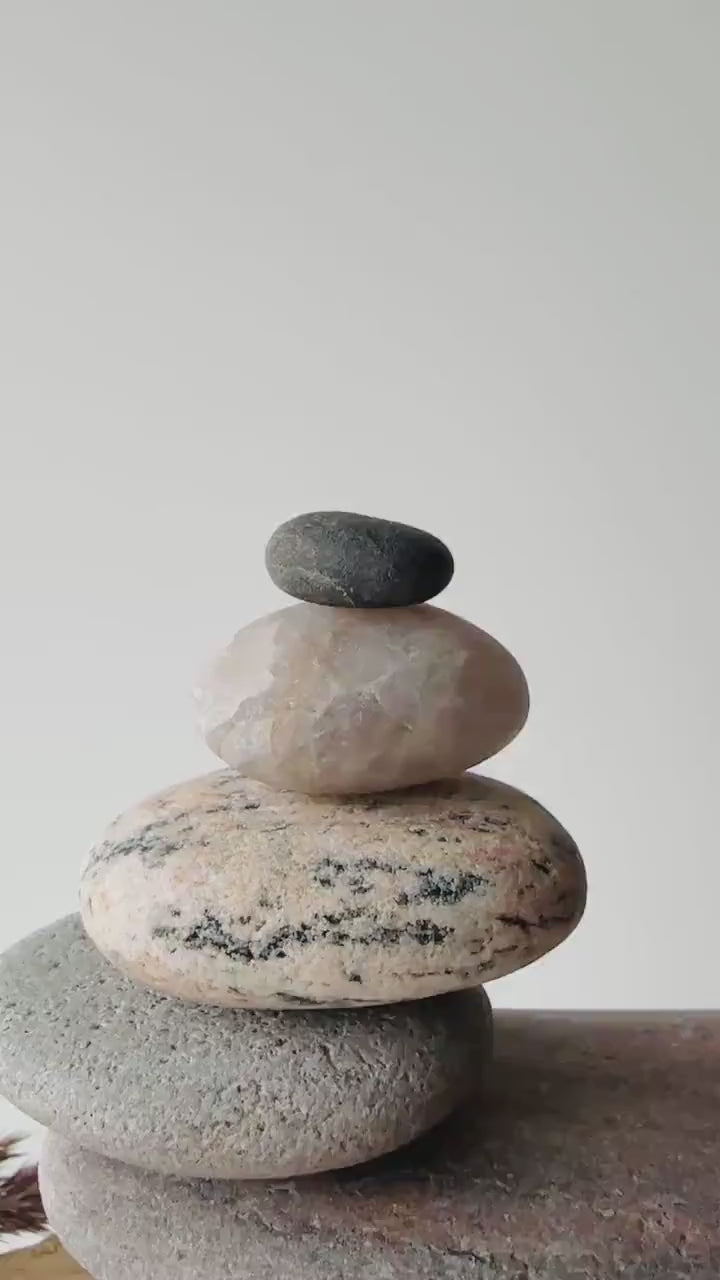 Baltic Sea Zen Garden Stone Cairn – 6-Stone Wabi Sabi Sculpture for Office Desk & Boho Shelf Decor